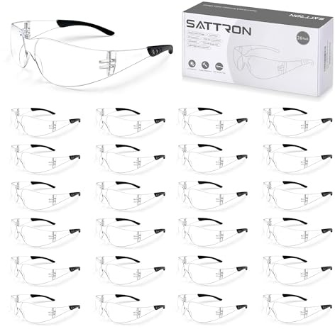 SATTRON Clear Safety Glasses 24PK, Protective Eyewear Polycarbonate Lens with Rubber Temples ANSI Z87.1 Anti-Scratch Impact Resistant Eye Protection for Work, Lab, Construction Clear Lens/Black Frame