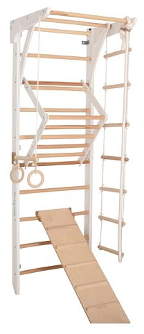 Kletterwand für Kinder und Erwachsene – Klettergerüst Indoor aus Holz mit Wand-Reck, Stange, Gymnastikringen, Kletterseil, schwedischer Leiter, höhenverstellbarer Klimmzugstange