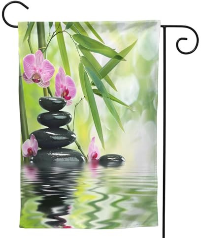 Mexpekil Drapeau de jardin japonais zen orchidée bambou pierre 71,1 x 101,6 cm double face, drapeau de bienvenue décoratif extérieur pour terrasse, cour, pelouse
