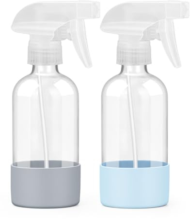 Worldgsb 2 Pack Glass Spray Bottles 8 oz, Empty Refillable Containers with Silicone Sleeve Protection, Glass Spray Bottles for Cleaning Solutions, Hair and Plants with Adjustable Nozzles Blue&Grey