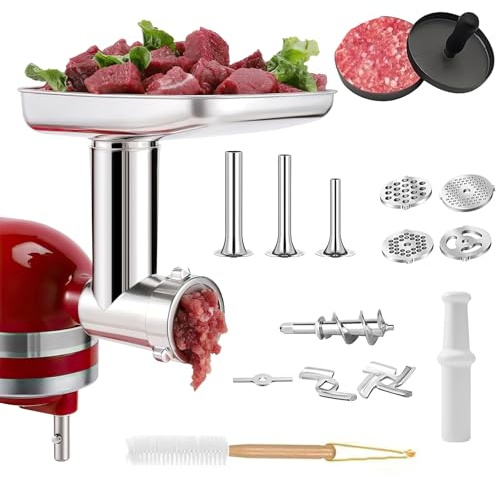 Köttkvarnstillbehör för KitchenAid-mixer, köttkvarnstillbehör i Rostfritt Stål Innehåller Korvfyllare, Rengöringsborste, Skivare och Strimlare för KitchenAid