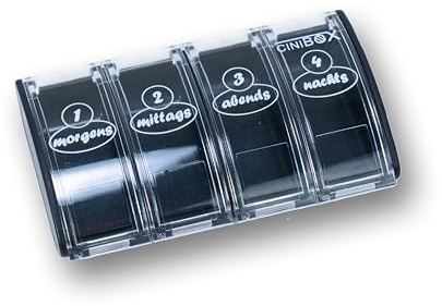 CINIBOX 4 in 1 – Tablettenbox mit 4 Fächern – Pillendose & Medikamentenbox für einen Tag – leicht zu öffnen & sicher verschlossen – BPA-frei, lebensmittelecht & Medizinprodukt – Made in Germany