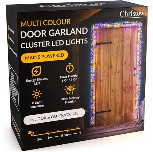 Christow Christmas Cluster Light Door Garland, 800 Multi-Coloured Micro LED Decoration with Timer, 8 Light Modes Flashing & Static, Indoor & Outdoor Use, Mains Powered, 5.5m for Standard Door