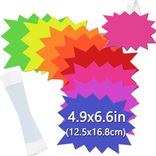 Wonninek 120Stück Preisschilder Flohmarkt 12.5 x 16.8 cm Fluoreszierend Starburst Preisschild Neon Papier Star Burst Verkaufsschilder, 8 Farbe Verkaufsetiketten Zeichen Ladengeschäft Supermärkten
