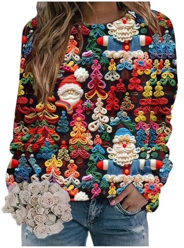 Christmas Jumper 2025，Christmas Jumpers for Women Ladies Santa Claus Xmas Tree Snowman Printed Sweatshirt Cute Funny Hilarious Ugly Sweater (d-Beige, L)