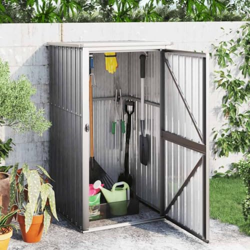 Armario para herramientas de jardín, 88 x 89 x 161 cm, acero galvanizado gris, caja de metal resistente a la intemperie, cobertizo estable para herramientas de jardín, cuidado del césped y accesorios