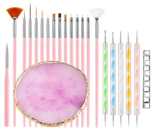 20Pcs Nail Art Brush Set, Silicone Gel Fingernail Kit, Double-Ended Nail Dotting Tools with Resin Palette and Pen Holder, Painting Brushes for Manicure Design