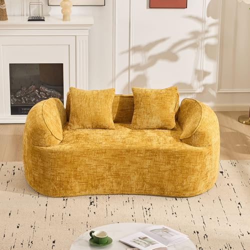 170cm Sofa 2 Sitzer, Bequeme 2 Sitzer Sofas, Werkzeugfreier Aufbau Couches für Wohnzimmer, Zweisitzer-Sofa mit Armlehnen, Kompressions-Couch mit 2 Kissen, Kleine Räume, Gelb