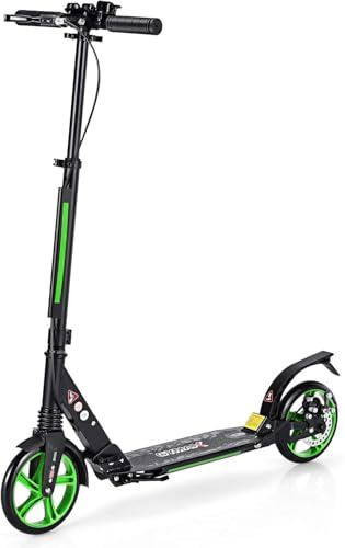 GOPLUS Scooter Plegable con Doble Freno, Patinete con Manillar Ajustable (86,5-101 cm), Sistema de Absorción de Impactos para Adultos, 8+ Años, Carga hasta 100 kg