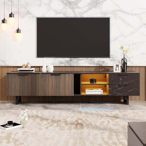 Generisch Meuble TV de 200 cm avec finition effet marbre noir, portes en bois foncé, éclairage LED réglable, deux portes et deux tiroirs