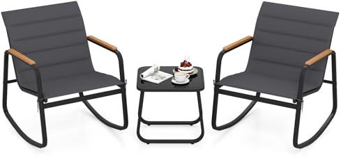 COSTWAY Balkonmöbel Set, Gartenmöbel Set, 2 Schaukelstühlen mit Tisch und Kissen, Armlehnen aus WPC, Terrassenmöbel, 3-teiliges Balkonset, Gartengarnitur, Sitzgruppe für Balkon, Garten, Terrasse