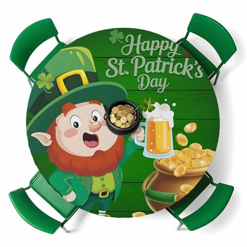 St. Patrick's Day Round Fitted Tablecloth with Elastic Edge, Beer Green Hat Gnome Coin Shamrocks Green Wood Grain Waterproof Oil-Proof Table Cover for Outdoor Indoor Fits 45 - 54 Diameter Tables