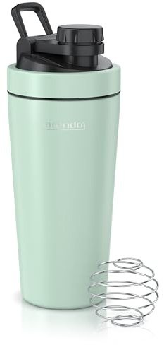 Arendo - Eiweiß Shaker Edelstahl 750ml, Protein Shaker mit Mixkugel, BPA frei, Mixbecher, Metall Premium Eiweißshaker, Tragegriff, Spülmaschinengeeignet, To Go für Yoga Fitness Sport, Mint