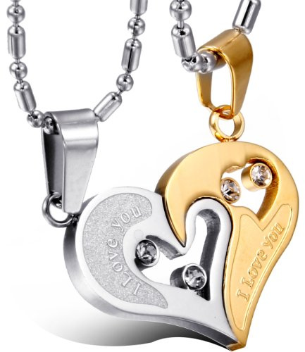 JewelryWe Schmuck 2PCS Paare Halskette Partnerketten Freundschaftsketten Partneranhänger Edelstahl I Love You Herz Puzzle Anhänger Kette mit kostenlos Gravur