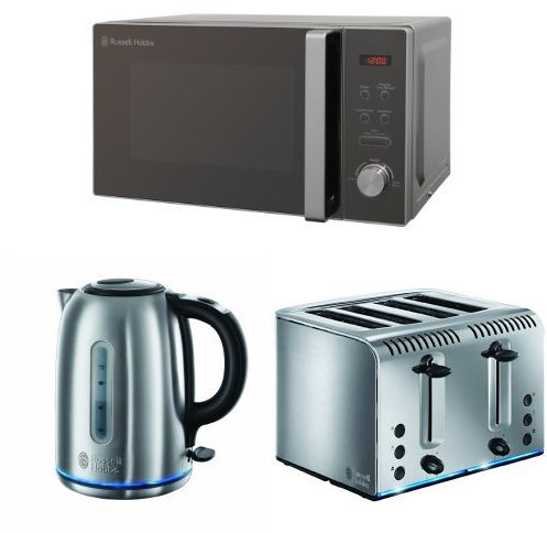 Russell Hobbs 20 L Silver Digital Microwave with Buckingham Quiet Boil Kettle, 1.7 L, 3000 W and Buckingham 4 Slice Toaster - Brushed Stainless Steel Silver
