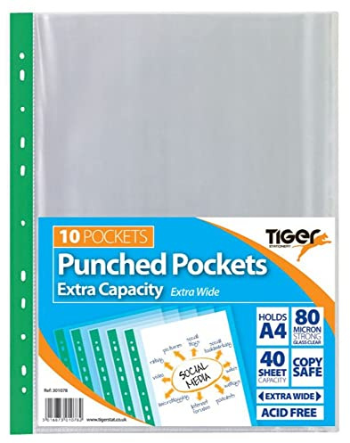 Tiger billeteras de plástico transparente, vidrio fijo, resistente, poliéster, bolsillo perforado, archivos de documentos , Clear/Multicolour, A4 Extra Capacity x 10
