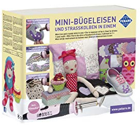 Pebaro 0217 Kit de Bricolage : Mini Fer à Repasser et Fer à Strass, 2 Niveaux de Chaleur, 14 Embouts, Vliesofix, 576 Strass, Rivets, Designs, Application de Tissu thermocollant, applicateur pour
