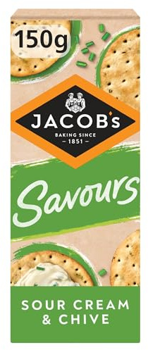 JACOB'S Savours Thins Sour Cream & Chive Crackers, 150 g (Pack of 1) | Great Source of Fibre, No Artificial Colours or Flavours, Vegetarian Friendly, Perfect for Dips & Cheese