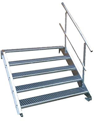 SRM Design 5 Stufen Stahltreppe mit einseitigem Geländer Breite 80 cm Geschosshöhe 70-105 cm robuste Außentreppe Wangentreppe stabile Industrietreppe für den Innen- und Außenbereich