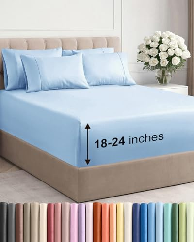 Extra Deep King Sheet Set - 6 Piece Breathable and Cooling Sheets - Hotel Luxury Bedding for Women, Men, Kids & Teens - Easy & Secure Fit - Soft, Wrinkle Free & Comfy - Extra Deep Pockets - Light Blue