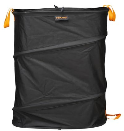 Fiskars Großer PopUp-Gartensack mit Griffen, Platzsparend faltbar, Fassungsvermögen: 219 L, Höhe: 70 cm, Breite: 56 cm, Schwarz/Orange, Ergo, 1028373