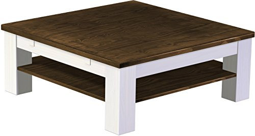 B.R.A.S.I.L.-Möbel Brasilmöbel Couchtisch Rio Classico 100x100 cm Eiche Weiß mit Ablage Wohnzimmertisch Holz Tisch Pinie Massivholz Stubentisch Beistelltisch Echtholz Größe und Farbe wählbar