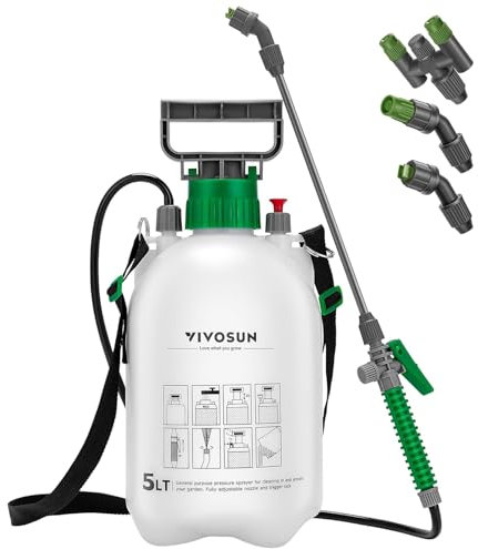 VIVOSUN Drucksprüher 5L, Pumpsprüher mit 3 Düsen, Druckentlastungsventil & verstellbarem Tragegurt, Gartenspritze für Pflanzen, Rasenpflege & Reinigun