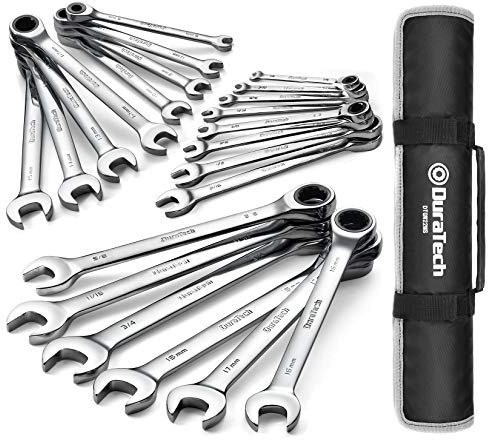 DURATECH Ratcheting Wrench Set, Combination Wrench Set, SAE & Metric, 22-piece, 1/4 to 3/4 & 6-18mm, CR-V Steel, with Pouch