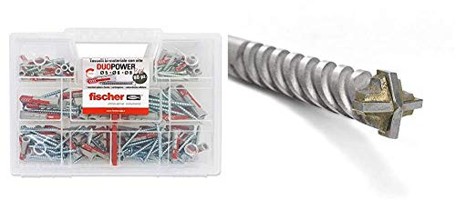 Fischer 544546 Kit Duopower Tasselli Universali con Vite, Trasparente & D-SDX Punta trapano 5 mm Cilindrica a Quattro Taglienti