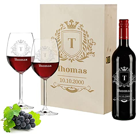 Wein Geschenkset 4-TLG | Gravierte 700 ml Weinflasche mit Holzkiste und 2 Weingläser | personalisiertes Geschenk | Jubiläum | Motiv Wappen