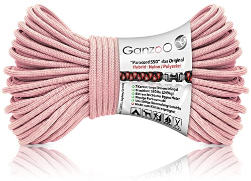 Ganzoo Paracord 550 Seil 4 mm Typ 3, 30 m in Duskypink Altrosa, Hybrid Nylon-Polyester, widerstandsfähige Schnur für Outdoor Rope, Camping, Allzweckseil, Armband, Hundeleine, Halsband, 250 kg