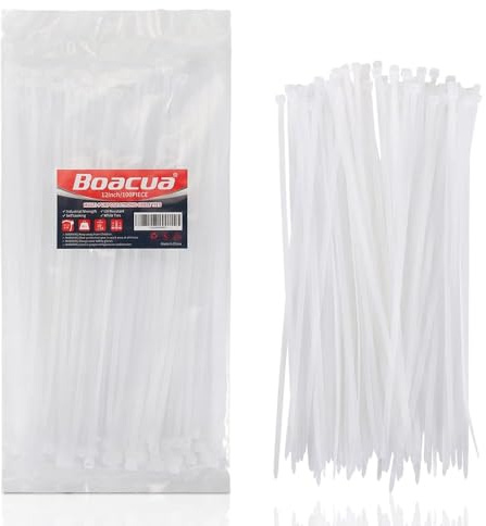 12 Inch Zip Cable Ties (100 Pieces), Self-Locking Premium Nylon Cable Wire Ties,Heavy Duty White, for Indoor and Outdoor by Boacua