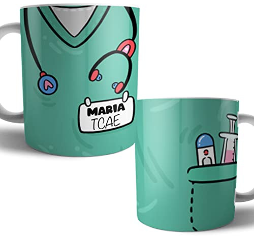 Kartoon Kase Taza Original Personalizada con Nombre | Taza Bata Uniforme Profesiones de Cafe Desayuno para Regalar Enfermera Medica Auxiliar Tcae Enfermeria (Verde)