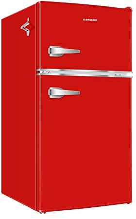 BANGSON 3.2 CU.FT Mini Fridge with Freezer Bedroom, 2 Door Office Small Refrigerator, Door Handle, Bottle Opener, Quiet Compact Fridge For Dorm, Office, Home, Garage or RV, R-600a, Red