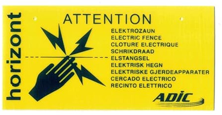 Eider Warnschild Vorsicht Elektrozaun 5 Stück, Internationale Ausführung mit 9 Sprachen - mit vorgestanzten Löchern