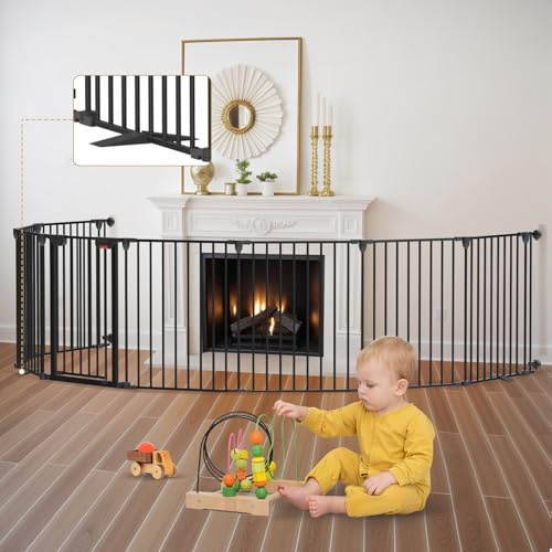 Kfvigoho Baby Gate 27.5-199 Extra-Wide Playpen with Stands, Play Yard Child Safety Fence, Dog Gate with Auto-Close Door, Double Locking System for Fireplace, Foldable 8 Panels, Black 29 Height