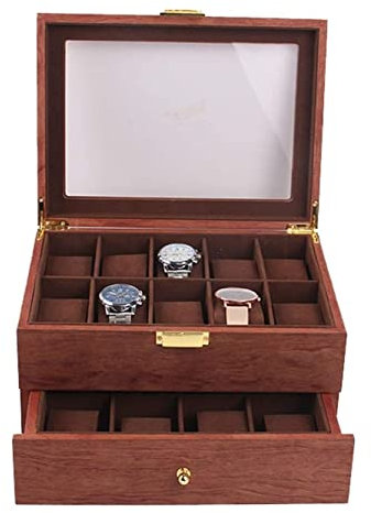 Uhrenrolle Uhrenbox Uhrenhalter Double Layer Vintage Wood 20 Slots Watch Storage Box Organizer Clear Lid Lockable Jewellery Vitrine Uhrenetui Uhrenaufbewahrung ( Blue : Red Brown , Size : 29*21.5*15cm