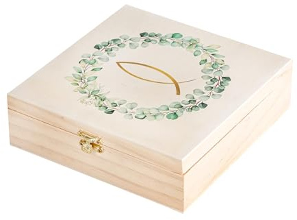 Erinnerungskiste mit Fisch & Eukalyptus-Kranz: Holzbox für Taufe, Kommunion, Konfirmation & Firmung , Aufbewahrungsbox Geschenke, Erinnerungsbox, Box Hochzeit, Natur, Gold & Grün, 18,5 x 18,5 x 6 cm
