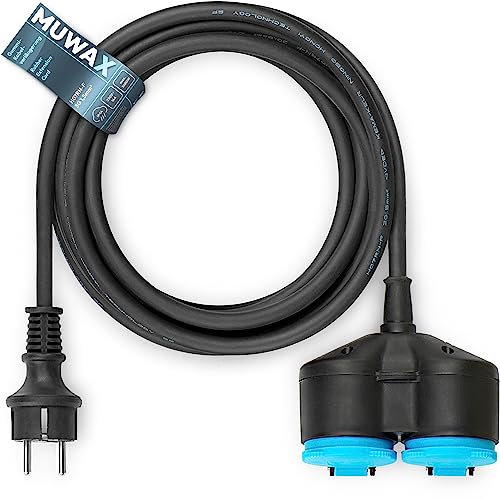 MUWAX Gummi-Verlängerungskabel 5m mit 2-Fach Verteiler für Baustellen, Werkstatt, Industrie, für dauerhaften Einsatz im Außenbereich und Starke mechanische Beanspruchung H07RN-F 3G1,5mm² schwarz