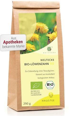 Weltecke Bio-Löwenzahn-Tee lose 250 g | Löwenzahnwurzel & Blätter getrocknet, geschnitten | In Deutschland hergestellt | Würzig-herber Kräuter-Tee I Sanft bittere Note I Organic Dandelion Tea