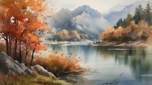 adrium Acryl-Bild 70 x 40 cm: Aquarell Herbstlandschaft mit See, Wald und Bergen. Digitale Zeichnung. (202692951)