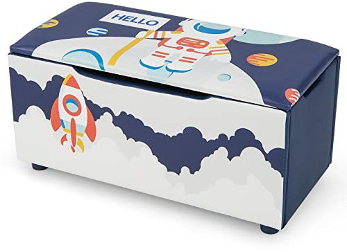 GOPLUS - Baúl para juguetes 2 en 1 para niños con tapa extraíble, banco de almacenamiento con ranuras antipellizcos, correa de tracción, baúl de almacenamiento, 75 x 36 x 38 cm (azul astronauta))