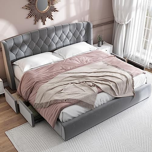 Sweiko Polsterbett 180 x 200 cm,Samt Bettgestell mit Schubladen aus stabilem Drahtgeflecht,Moderne Funktionsbett Doppelbett mit Lattenrost und 4 Bettschubkästen,ohne Matratze,Grau