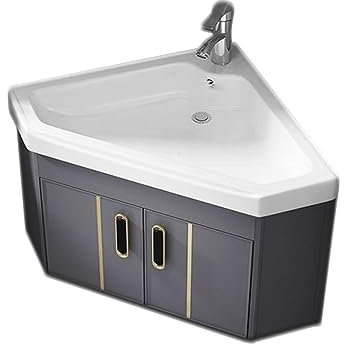 Lavabo triangle mural en céramique avec placard,Grande capacité évier en céramique avec placard,Meuble Lave Main d'angle avec robinet,Pour salles de bains, buanderies. ( Color : Gray , Size : 48*48cm