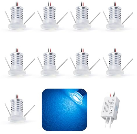 kpslucerna 9Stk. Mini LED Spot RGB 12V 1W, IP65 Wasserdicht Kleine Einbaustrahler Spotlight Headlights Bunt, 15mm Deckenspots Sternenhimmel Lampe für Küche Treppen Schränke Einbauspots (Blau)