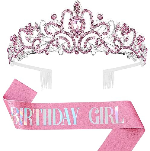 Dimetey Geburtstag Mädchen Schärpe & Strass Tiara Set, Rosa, Schärpe 156 x 10 cm, Tiara 13 x 15 x 4 cm, für Mädchen & Frauen, Geburtstagsdekoration
