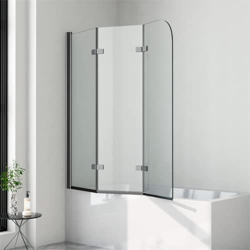 Duschwand für Badewanne 3-teilig, Duschwand 120x140cm Faltbar Schwarz Duschtrennwand für Badewanne Badewannentrennwand Duschabtrennung Badewanne, Badewannenaufsatz 3 teilig 6mm ESG Glas