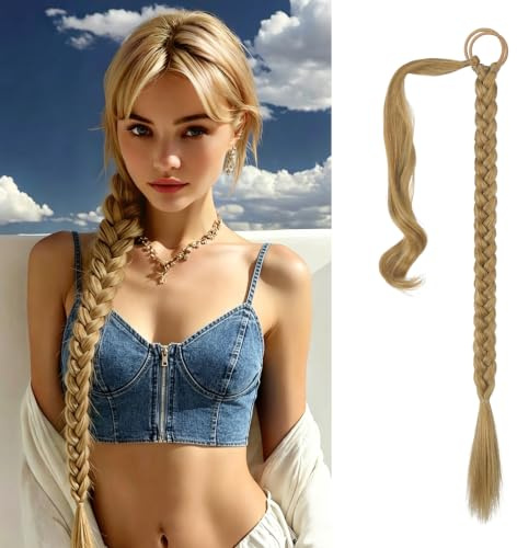 Sofeiyan Ponytail Extension,Geflochtener Zopf Haarteil mit Haargummi | Lange Braids Extensions,Synthetisches Zopf Extension für Damen Alltag,66cm (Pack of 1) Blond Mit Blassgoldenen Strähnchen