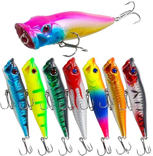 Popper Fishing Lures, 8pcs Saltwater Popper Lures Kit Fishing Bass Lures Poppers Hard Bait Artificial Floating Fishing Lures with Treble Hook for Bass Trout Pike Catfish Fishing Plugs ﻿