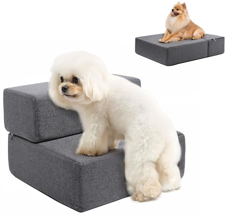 Rucener Klappbar 45cm Breit Hundetreppe für Kleine Hunde, 30cm Hoch Schaum Hunderampe für Sofa & Bett, 2 Stufen Katzentreppe für Alte Katzen, Hundetreppe Auto mit Leinen